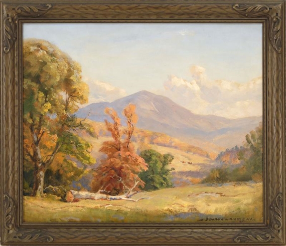 A serene landscape painting featuring autumnal trees, rolling hills, and distant mountains under a soft sky.