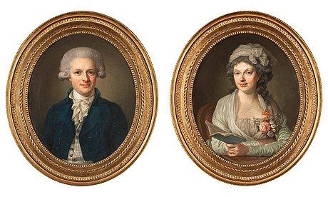A gentleman in a blue coat and a lady in a white dress by Lorens Pasch