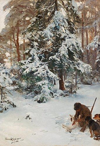 Winter landscape with hunter, hounds and prey by Bruno Liljefors, 1892