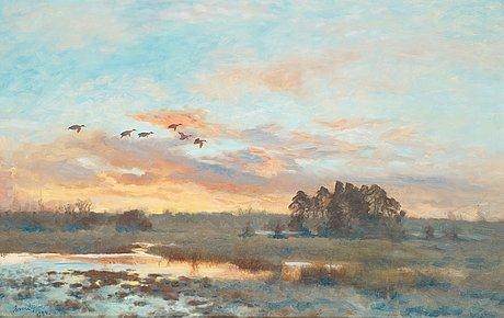 Mallards against glowing skies by Bruno Liljefors, 1924