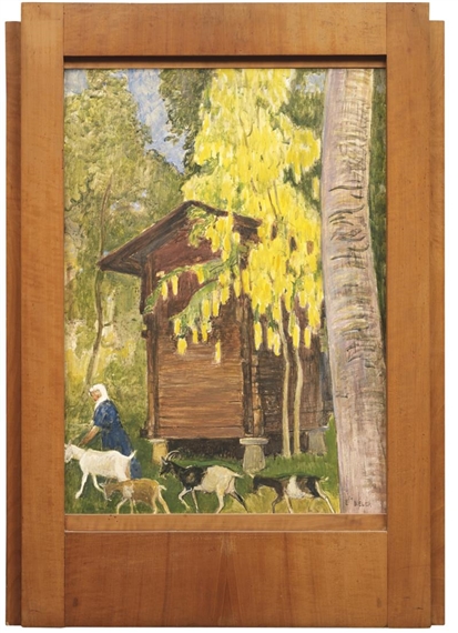 PAYSANNE AVEC CHÈVRES DEVANT UN MAZOT by Ernest Biéler