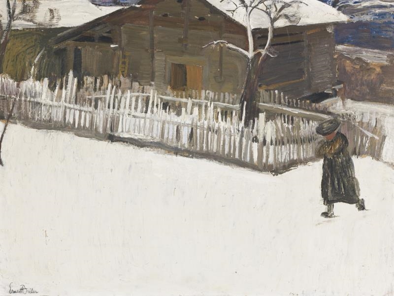 Artwork by Ernest Biéler, PAYSAGE D'HIVER DEVANT UN MAZOT, Made of oil on cardboard
