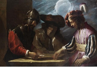 A dramatic Baroque painting of three figures gathered around a table, illuminated by a single light source.