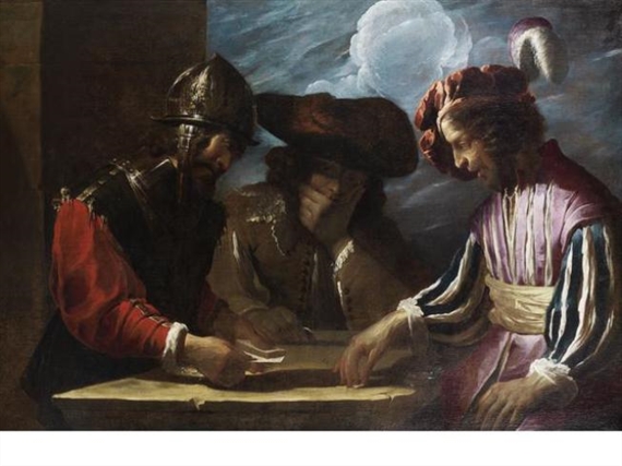 A dramatic Baroque painting of three figures gathered around a table, illuminated by a single light source.