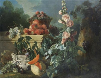 A still life of grapes, peaches and a basket of plums on a stone ledge above a silver wine cooler beside a split melon and a pink hollyhock in a wooded park - Jean-Baptiste Oudry