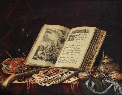 Artwork by Simon Renard de Saint-Andre, A still life of an open book, bubbles, coral, a flintlock pistol, playing cards, a pocket watch on a blue silk ribbon and a variety of shells on a table draped with a red and a green cloth, Made of Oil on canvas