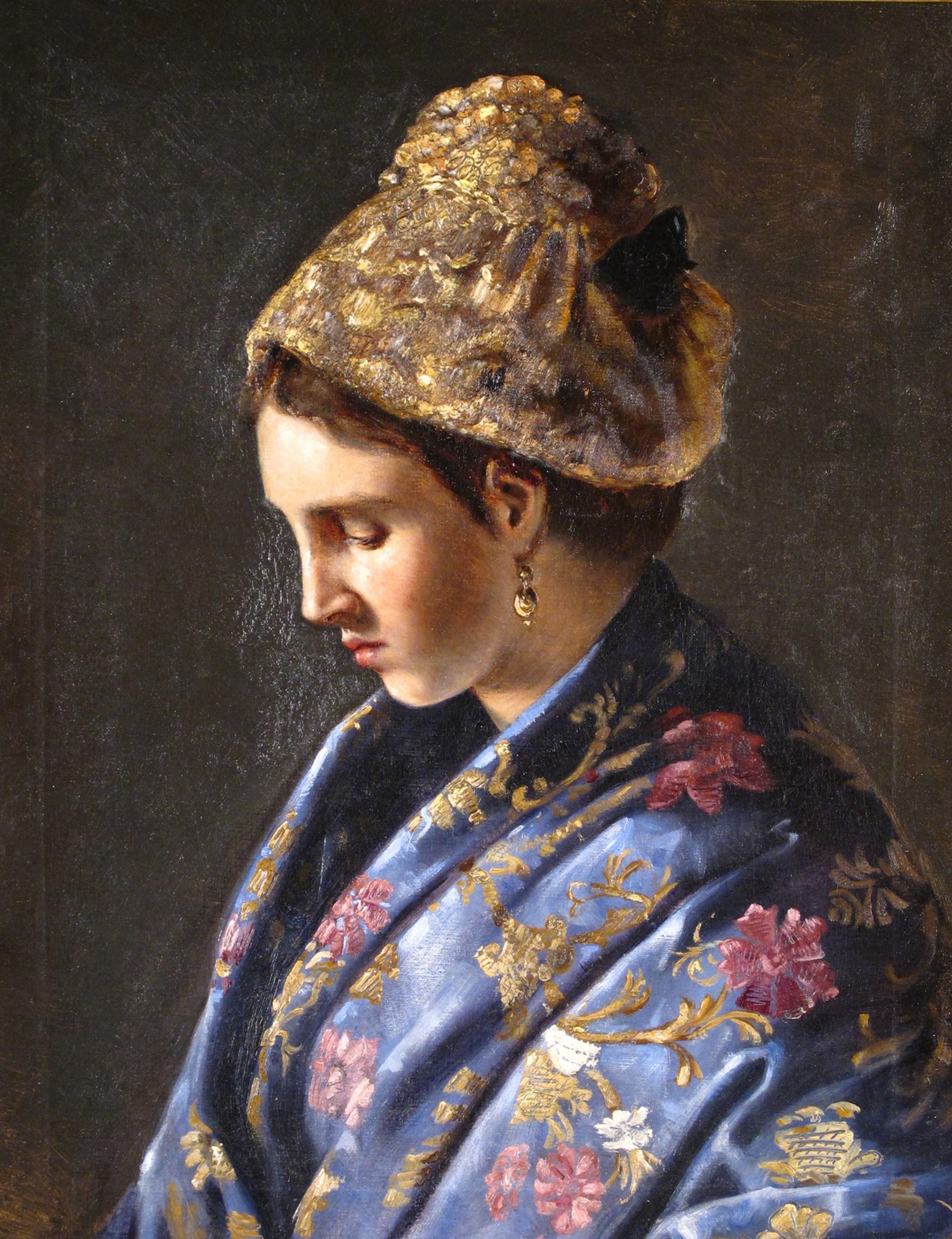 Portrait of a lady in a floral shawl and hat by Austrian School, 19th Century