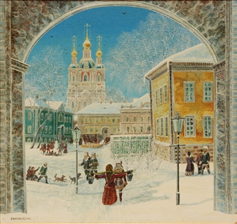 snowy Moscow townscape scene with the Cathedral of Saint Christ the Saviour - Vladimir Borisovich Smirnov
