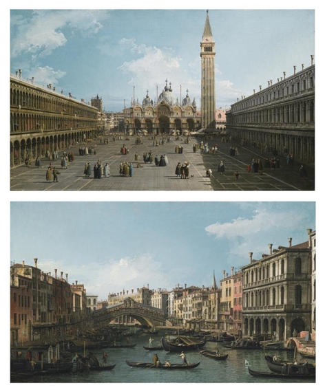 2 WORKS: VENICE, A VIEW OF PIAZZA SAN MARCO LOOKING EAST TOWARDS THE BASILICA; VENICE, THE GRAND CANAL LOOKING NORTH-EAST FROM THE PALAZZO DOLFIN-MANIN TO THE RIALTO BRIDGE by Canaletto