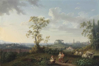 A view of Rome seen from the Villa Patrizi, with figures and cattle resting in the foreground - Jacob Philippe Hackert