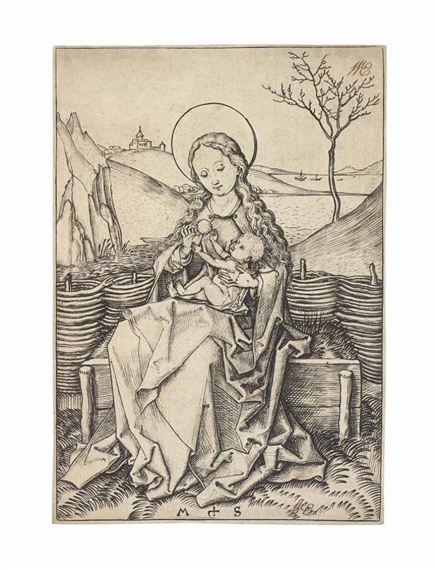 The Virgin and Child on a grassy Bench (B. 30; Lehrs, Hollstein 36) by Martin Schongauer, circa 1474