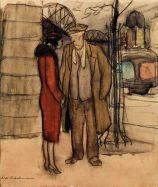 A sketchy street scene featuring a couple standing near a train.