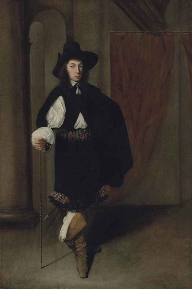 Portrait of a gentleman, full-length, in a black coat and hat holding a cane in his right hand, in a draped, colonnaded interior by Jacobus Levecq