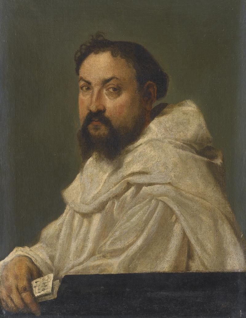 PORTRAIT OF A CARTHUSIAN MONK, BUST LENGTH BEFORE A LEDGE, A SHEET OF MUSIC IN HIS RIGHT HAND by Giovanni Battista Moroni