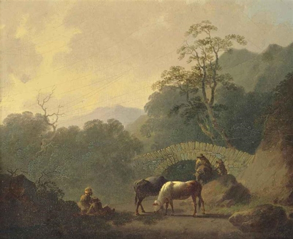 A wooded landscape with drovers and their cattle at rest before a bridge by John Rathbone