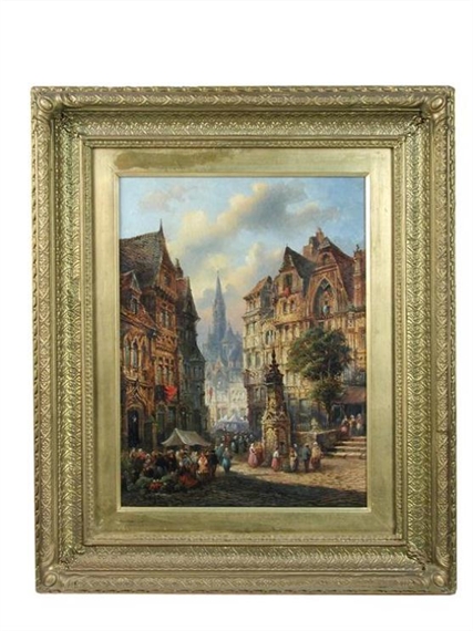 Continental market scene with a cathedral by Felice Auguste Rezia