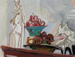 Still life with gesso statuette, fruit bowl and shells by Max Gubler, 1955