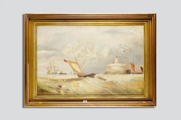 Artwork by I. Garnon, Squally shipping scene off Saundersfoot, South Wales with numerous boats and figures and boats on the lighthouse quay, Made of oil on canvas