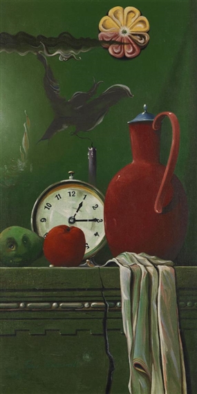 Stillleben mit rotem Krug und Weckuhr by Franz Radziwill, 1949