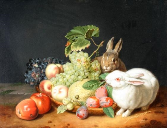 Jacob Samuel Beck | Still life of fruit, with rabbit and sparrow ...