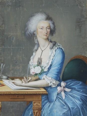 Artwork by German School, 18th Century, Dam vid skrivbord, Made of Watercolour heightened with white