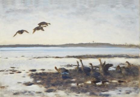 Gäss i våtmarkslandskap by Bruno Liljefors, 1932