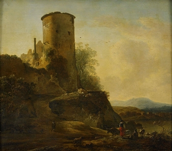 Berglandskap med borgruin, djur och figurer - Adam Pynacker