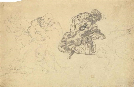 Studies of a man wrestling with a lion by Eugène Delacroix
