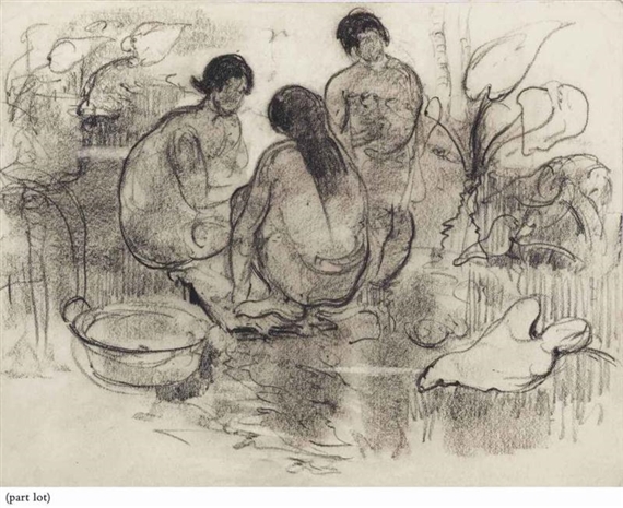 Three figures in a garden by Adrien Jean Le Mayeur de Merprés