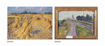 Hooiende boeren, Garnwerd (recto); A bridge over a canal (verso) - Johan Dijkstra