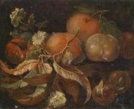 2  works; Kitchen still life with a ham and a goldfinch; Still life of fruit - Josef Ferdinand Fromiller