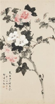 A hanging scroll depicting hibiscus flowers - Jiang Ruyao