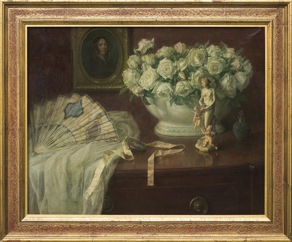 Still Life with a Fan and White Roses by Hermann Koch