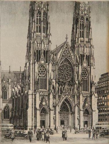 A detailed architectural sketch of a grand Gothic cathedral with two towering spires and intricate stonework.