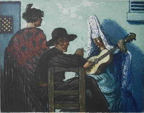 Artwork by Paul Guilbert, The Guitar Player, Made of etching in colors