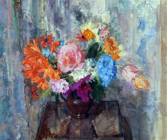 STILL LIFE STUDY OF MIXED FLOWERS IN A JUG ON TABLE by Amy Millar Watt