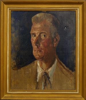 Portrait of Thomas Earp Head and Shoulders in Light Brown Jacket Against a Blue Ground by Augustus Edwin John
