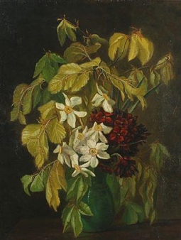 Still life with beech branches, red flowers and narcissus in a vase - Anna Cathrine Christine Heerfordt