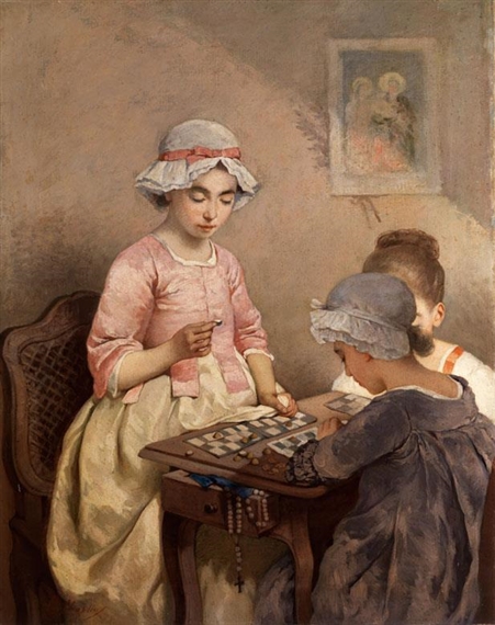 Drei mädchen beim brettspiel by Charles Jouas