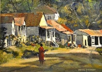 A sun-drenched rural scene featuring a solitary figure walking past white cottages with terracotta roofs.