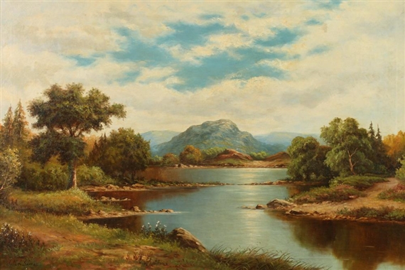 A serene landscape painting featuring a calm river winding through a forested valley toward distant mountains.