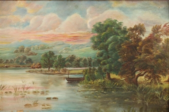 SUNSET ON LAKE WITH BOAT - M.l. Peak