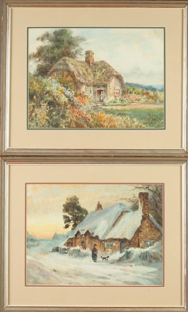 Artwork by Darrell R. Hill, 2 works: INTER COTTAGE SCENE AND SUMMER COTTAGE SCENE, Made of Oil on canvas