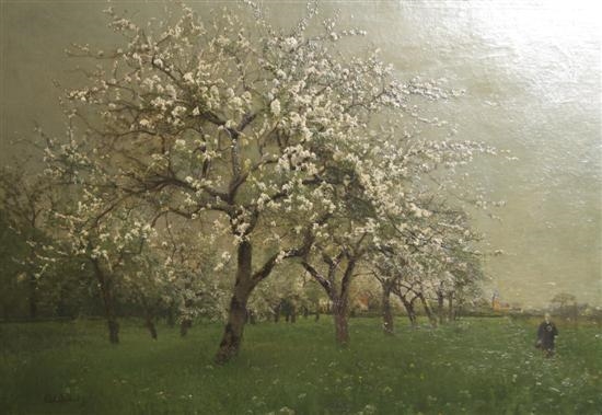 Trees in Blossom in front of Churchyard by Carl Roder