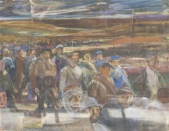 A crowded outdoor scene of figures in a hazy, impressionistic landscape.
