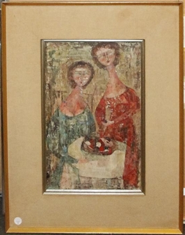 A framed painting of two figures in a still life setting.