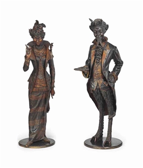 Pair of Works: Pair of Figures Wood Carved Painted and Polychrome Representative Faunas - European School, 20th Century