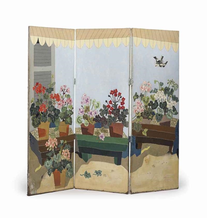 Artwork by Jean-François Laglenne, Paravent trompe l'oeil imitant un balcon fleuri, Made of oil on canvas on panel
