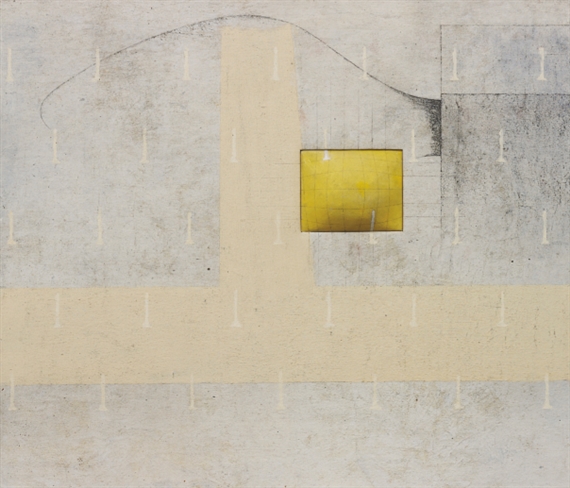 An abstract composition featuring a yellow square on a textured, neutral-toned background with faint vertical lines.