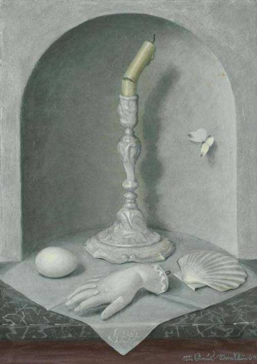 Still life with candle, scallop, egg and hand by Niklaus Stoecklin, 1964